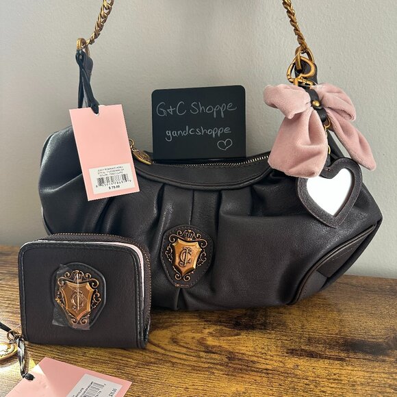 New Juicy Couture Romance Hobo Shoulder Bag Wallet Set Chocolate Brown Pink Gold - Picture 1 of 8